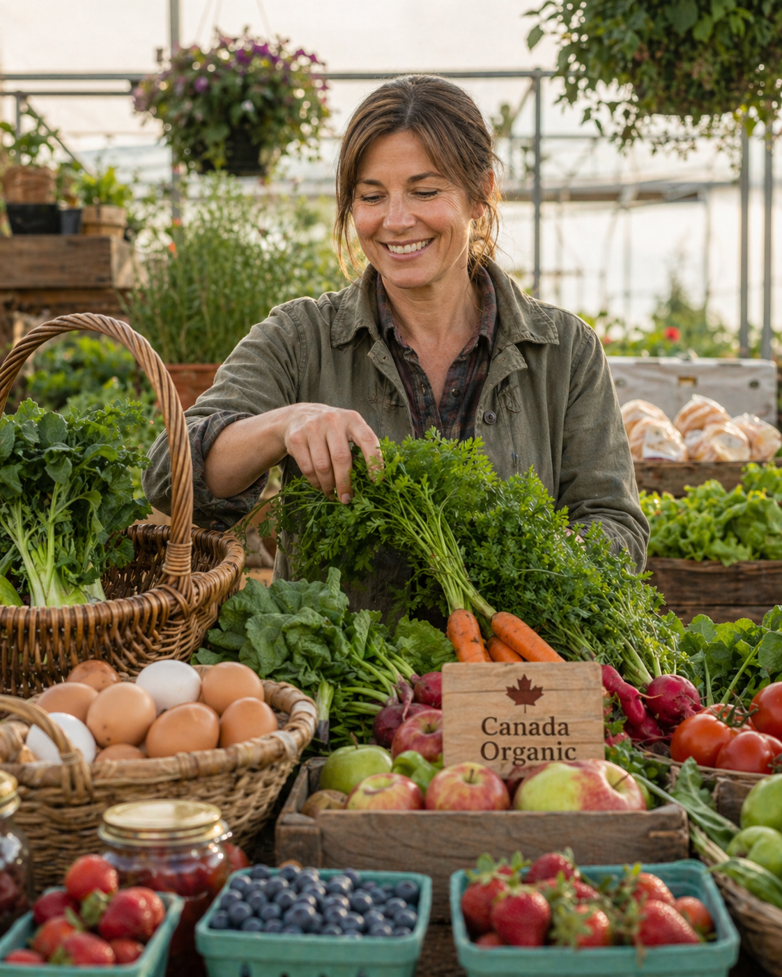 Smiling organic farmer arranging fresh produce